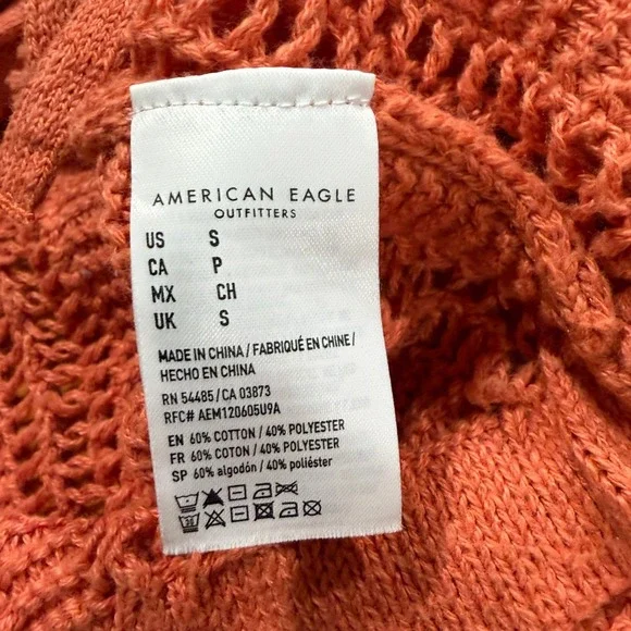 Women S Open Knit Sweater Coral Orange Crop Balloon Sleeve‎ Boxy American Eagle - Picture 5 of 8